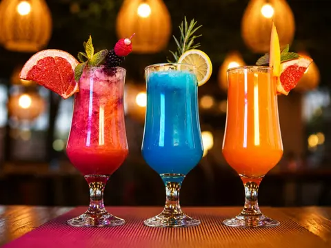 Three colourful mocktails under lantern light