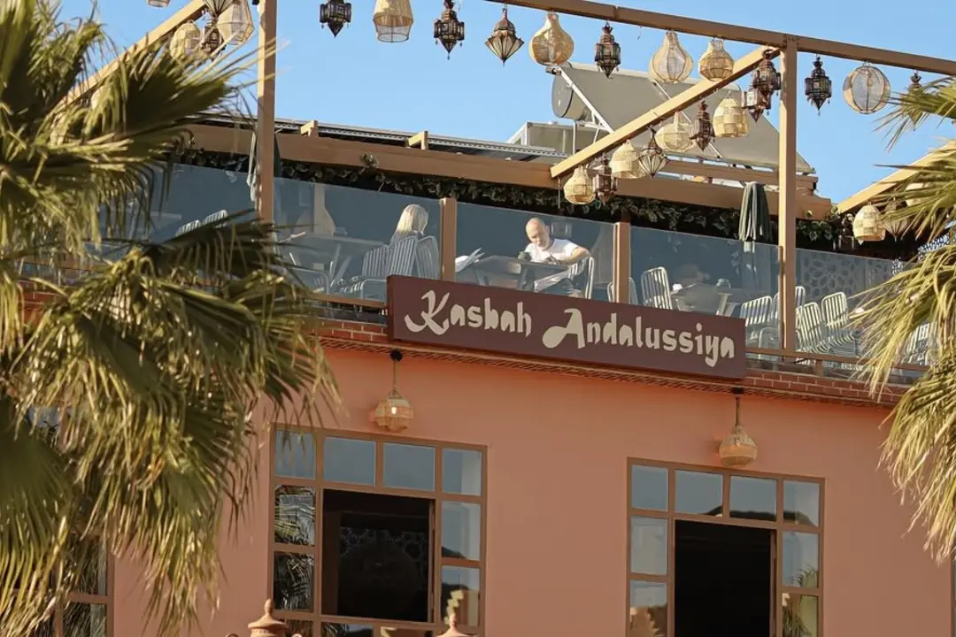 Kasbah Andalussiya's pink façade and rooftop between palm trees