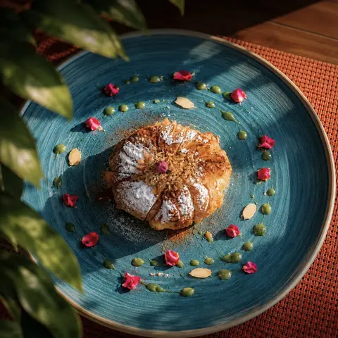 Almond-studded pastry on a blue ceramic plate