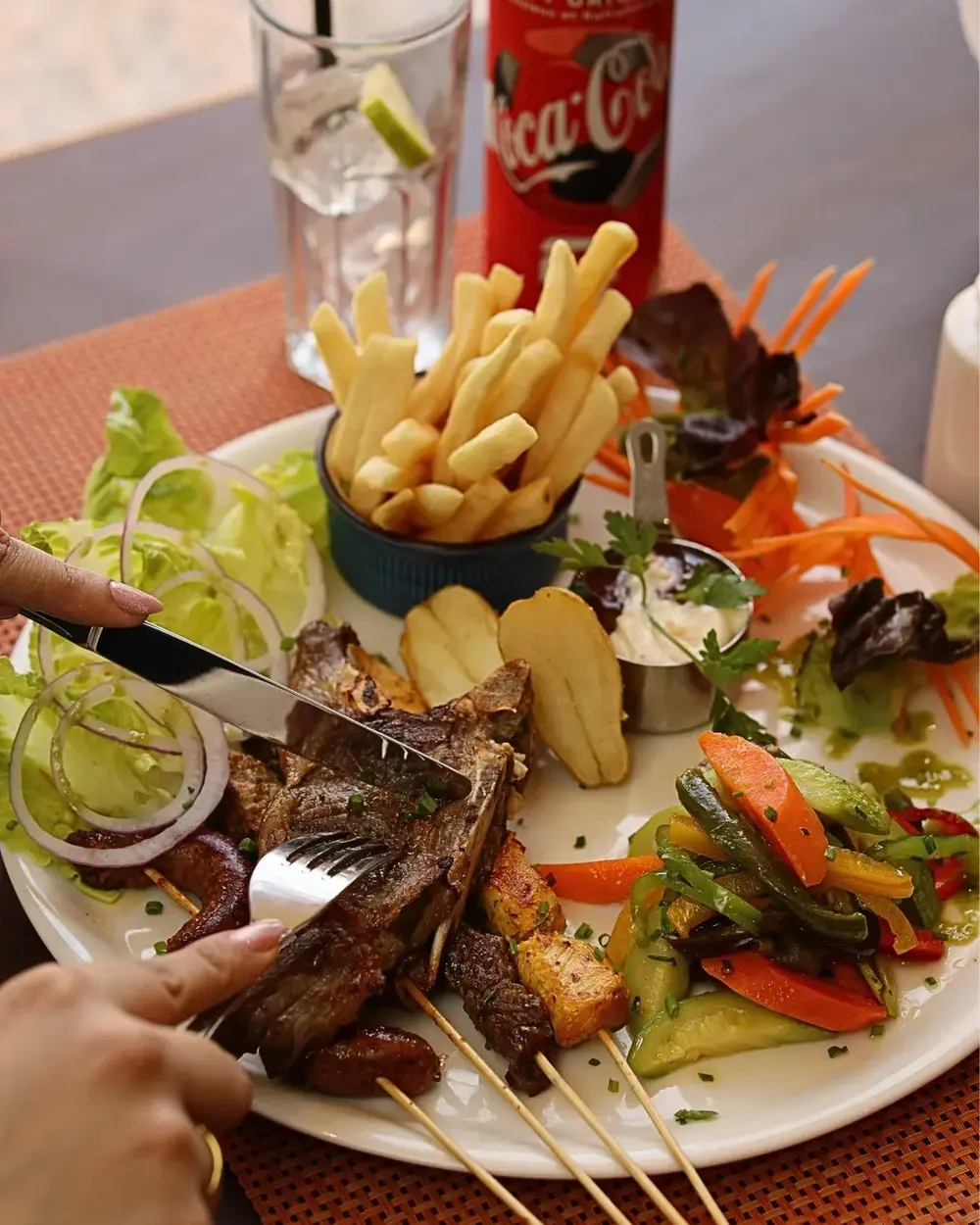 Mixed grill platter with skewers, fries and salad